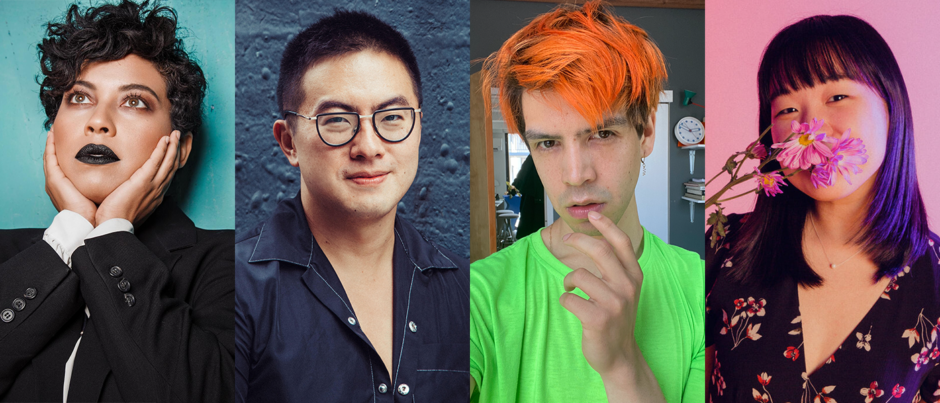 Headshots of Lorelei Ramirez, holding her face, Bowen Yang, smiling with glasses in a blue shirt, Julio Torres, in a neon green shirt touching his lip, and Karen Chee in a flower shirt smelling pink flowers