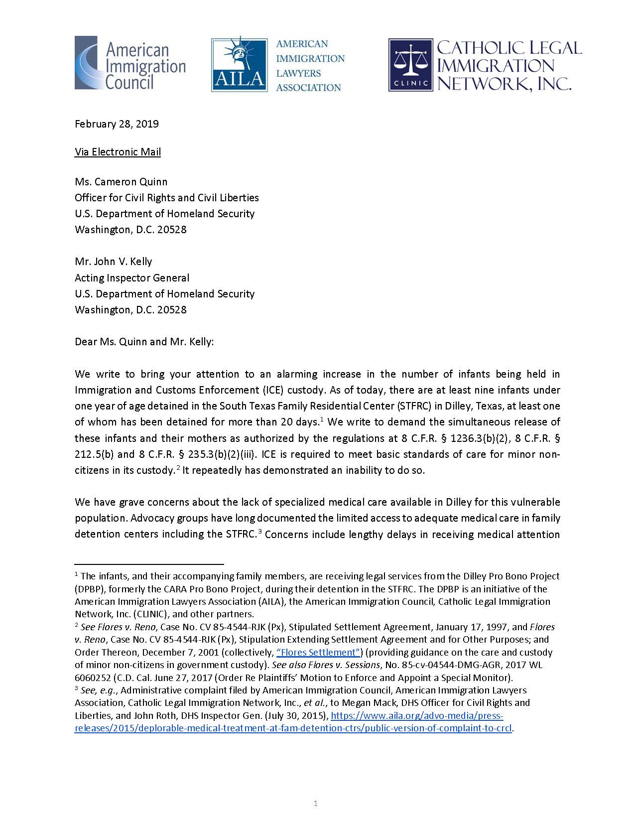 Complaint Urges Immediate Release of Infants from Immigration Detention