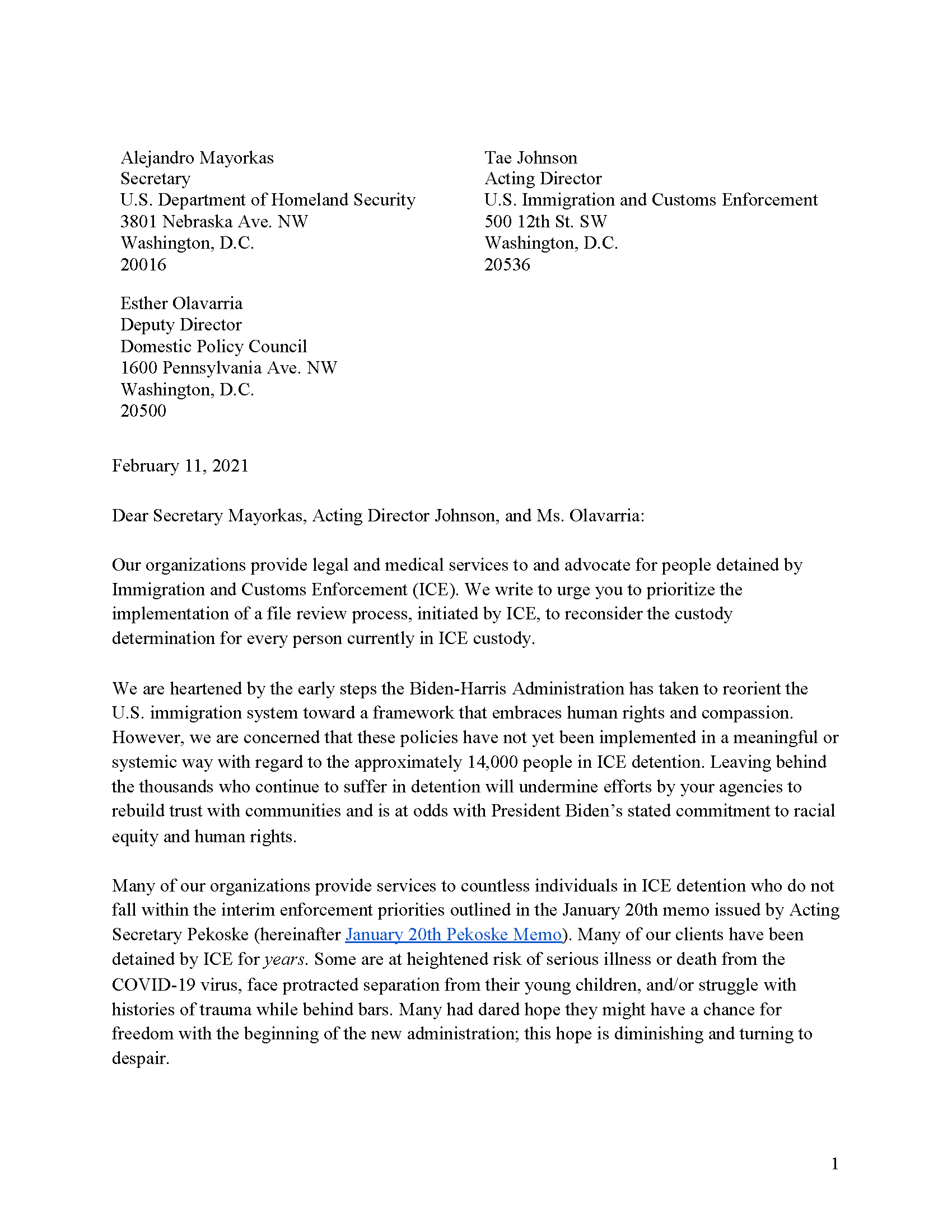 Coalition Letter Urges Reconsideration of Custody Determination for Every Person in ICE Custody