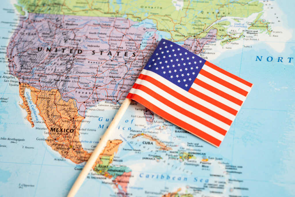 Bangkok, Thailand December 7, 2023, US flag on world map.